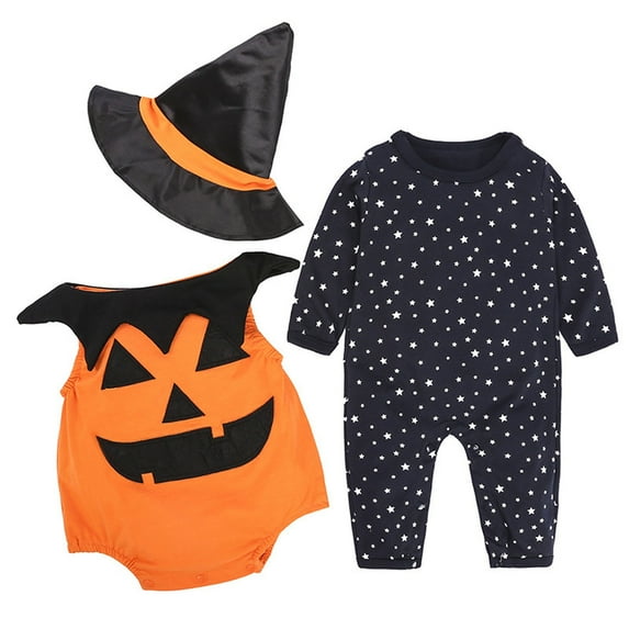 Mercatoo My First Halloween Outfit, Toddler Baby Boy Girls Halloween Pumpkin Romper with Hat 3Pcs Clothes Set 3 to 24 Months