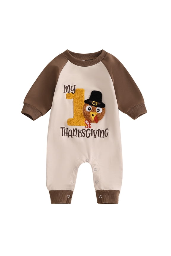 My First Thanksgiving Outfit Newborn Baby Boy Girl Jumpsuit Long Sleeve Turkey Embroidery Romper Cute Fall Clothes