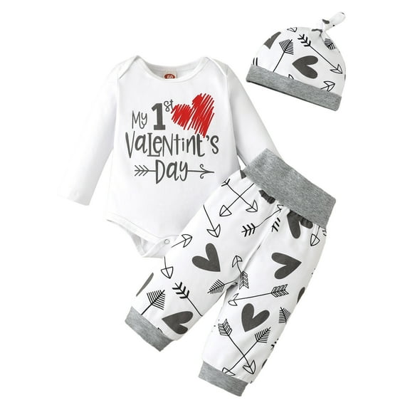 Mercatoo My First Valentine's Day Outfits Baby Long Sleeve Romper Bodysuit Top Pants Hat 3Pcs Spring Clothes Set