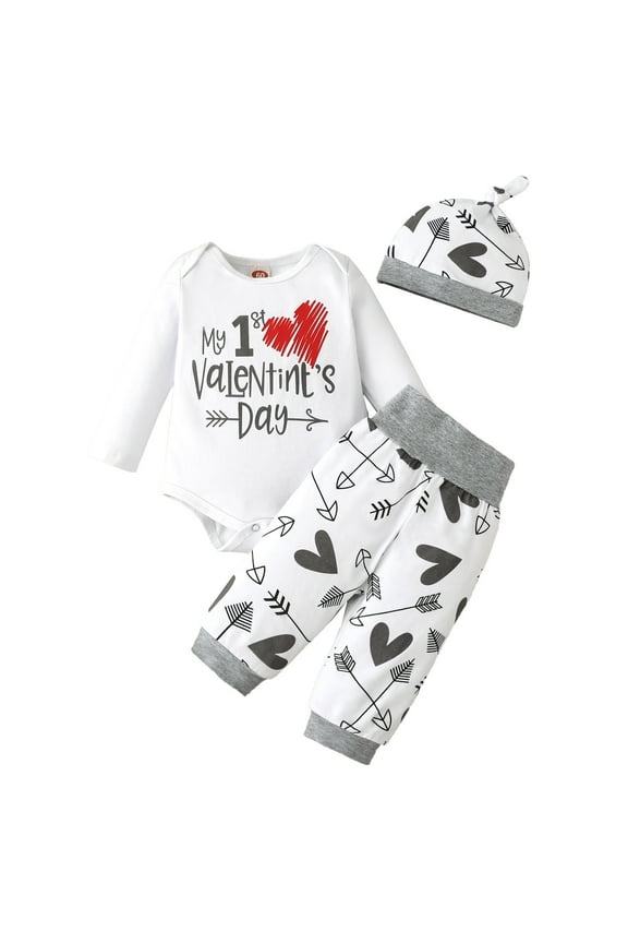 My First Valentine's Day Outfits Baby Long Sleeve Romper Bodysuit Top Pants Hat 3Pcs Spring Clothes Set