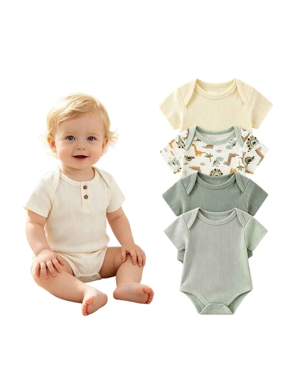 Newborn 5-Pack Short Sleeve Ribbed Bodysuits Soft Cotton Onesies with Envelope Neck and Snap Closure Neutral Unisex Multipack