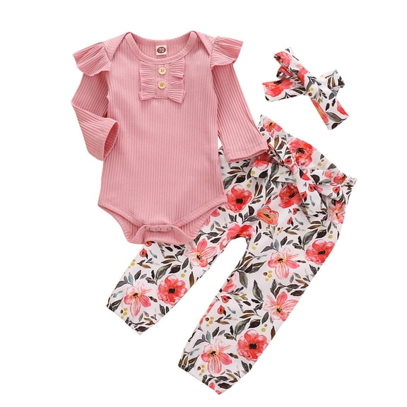 Mercatoo Newborn Baby Bodysuit Clothes Set Solid Ruffle Ribbed Romper Floral Bow Pants Headband 3pcs Girls Girl Athletic Wear