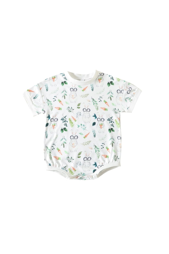 Newborn Baby Boy Girl Easter Outfit Rabbit Graphic Short Sleeve Sweatshirt Romper Bubble Onesi𝐞 Summer Clothes
