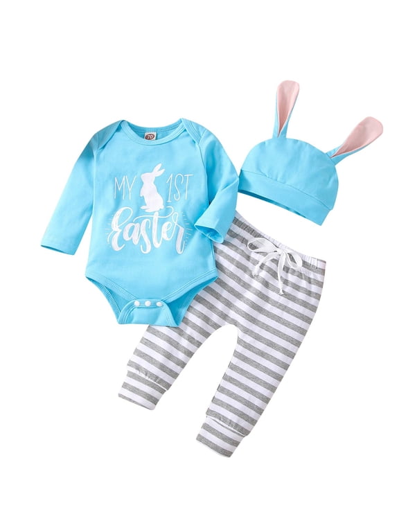 Newborn Baby Boys Easter Outfits My 1st Easter Romper+Striped Pants+Bunny Ear Hat 3 Piece Rabbit Clothes Set