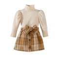 thumbnail image 1 of Mercatoo Outfit Girl Toddler Winter Baby Girl Dress Suits Solid Color Ribbed Puff Sleeve Plaid Skirt 2pcs Girls 12 Month Clothes, 1 of 7