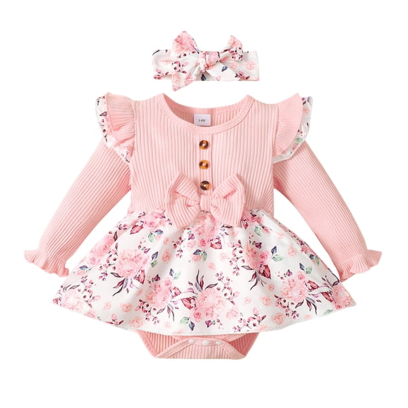 Mercatoo Preemie Newborn Romper Dress Baby Girl Clothes Knit Bodysuit Ruffle Long Sleeve Fall Winter Jumpsuit+Headband