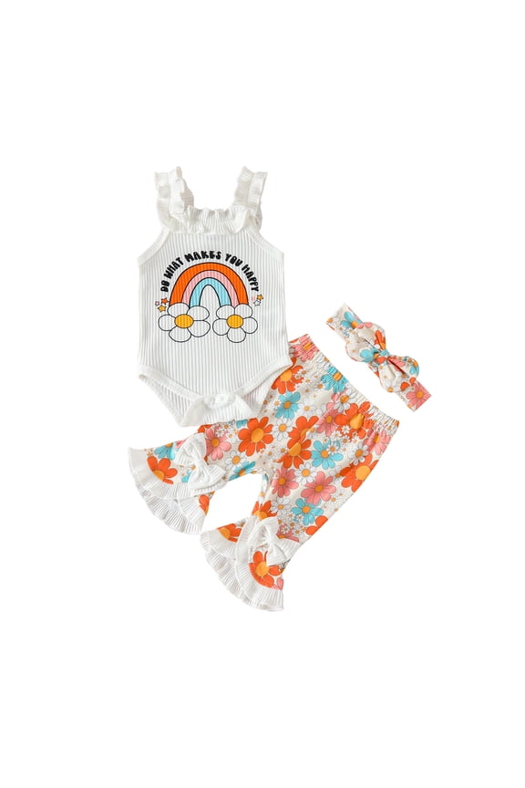 Rainbow Romper Flare Pants Set Baby Girl Outfit Toddler Jumpsuit 𝐍ewborn Print Bodysuit Pant Birthday Summer Clothes