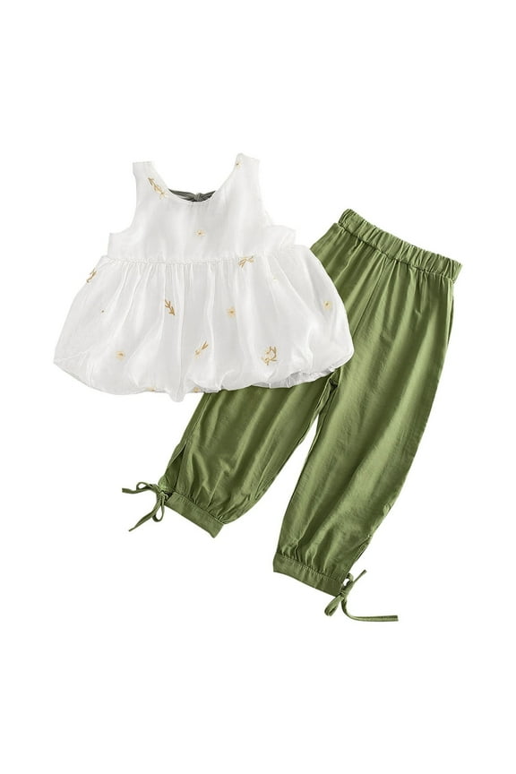 Short Sling Tops Pants Two Set Girl Summer Clothes Puff Short Sleeved Off Shoulder Flower Embroidery Bundle Baby Girl