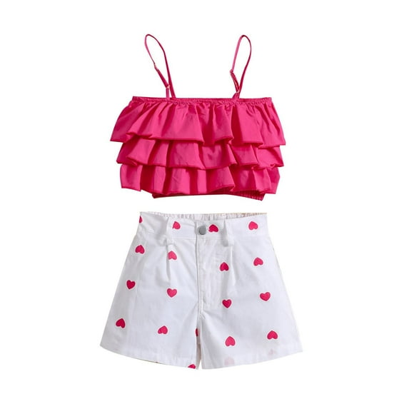 Mercatoo Summer Baby Girls Clothing Girls Suspender Cake Tops + Heart Shaped Print Shorts Outfit Toddler Girls Holiday Set