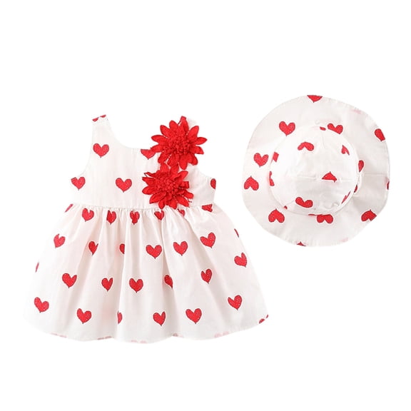 Mercatoo Summer Beach Set Outfit Dress Hat Baby Princess Girls Little Heart Print Sleeveless Flower Kids Girls