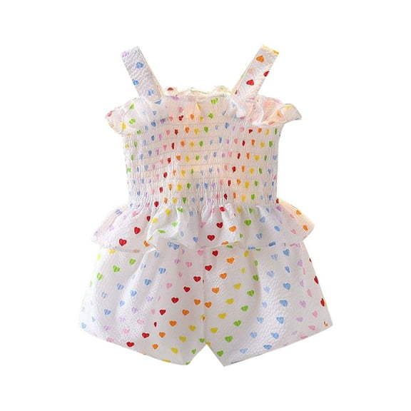 Mercatoo Summer Clothes Baby Girls Heart Shaped Print Sleeveless Lace Suspender Ruffle Top   Shorts 2Pcs Outfit Kids Set