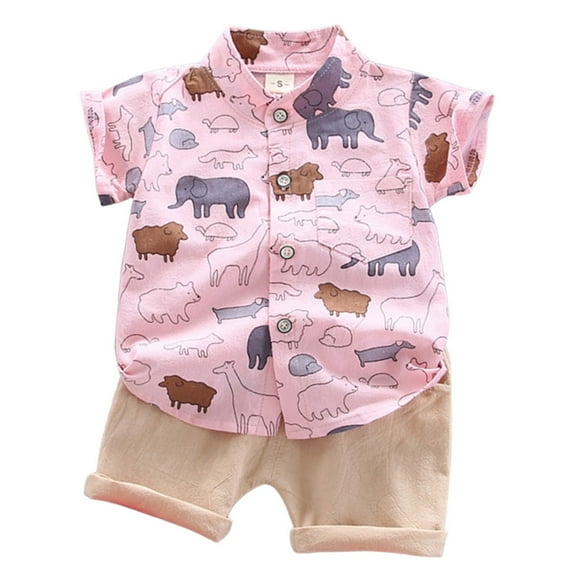 Mercatoo Summer Toddler Boy Active Clothing Set 2PC Cute Elephant Animal Print Short Sleeve Lapel Down Pockets Shorts Outfit