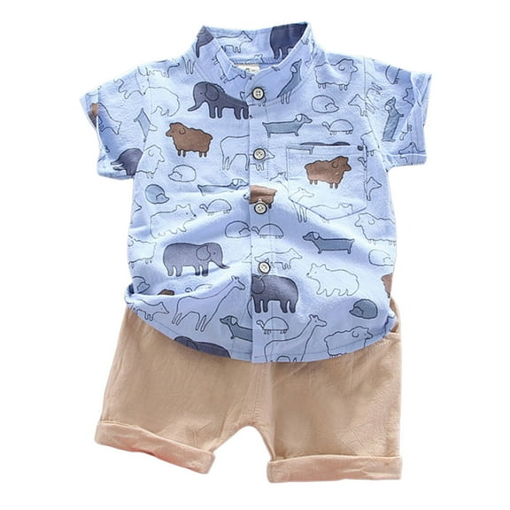 Mercatoo Summer Toddler Boy Active Clothing Set 2PC Cute Elephant Animal Print Short Sleeve Lapel Down Pockets Shorts Outfit