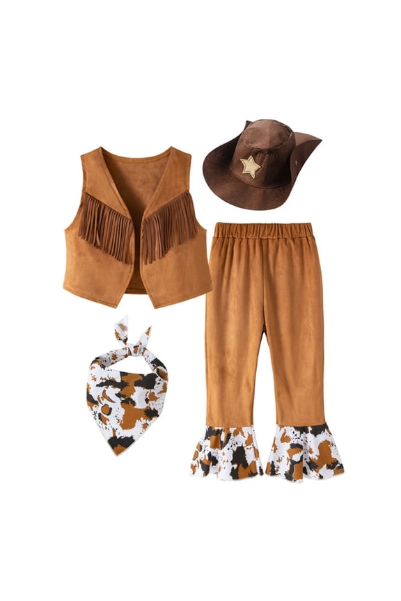 Swear Suit Kids Brown 4Pcs Cowboy Outfits Fringe Vest with Bandanna Hat Set for Carnival Party Designer Pants for Kids