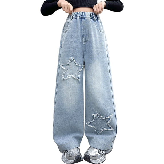 Mercatoo Teen Girls Baggy Jeans Cute Star Patchwork Denim Pants Wide Leg Pull on Streetwear Trousers Kids Trendy Aesthetic Loose Jeans
