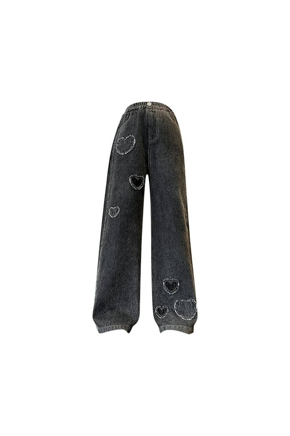 Teen Girls Baggy Jeans Heart Patchwork Denim Pants Vintage High Waisted Straight Leg Loose Jeans Wide Leg Denim Pants