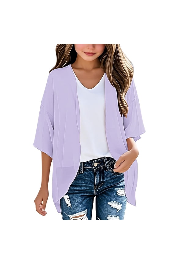 Teen Girls Chiffon Kimono Cardigan 3/4 Batwing Sleeve Cover Up Kids Solid Color Loose Casual Blouse Youth Girls Stylish Soft Fall Shirts
