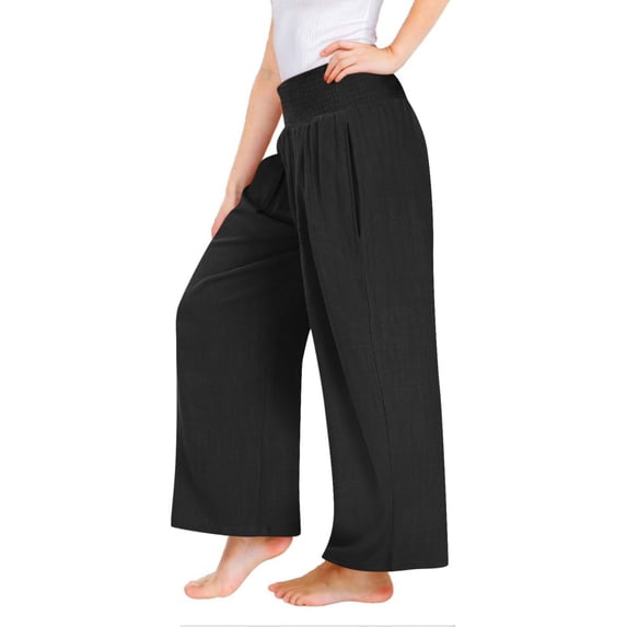 Mercatoo Teen Girls Cotton Linen Palazzo Pants Wide Leg High Waisted Casual Pants Elastic Waist Loose Fit Solid Color Trousers