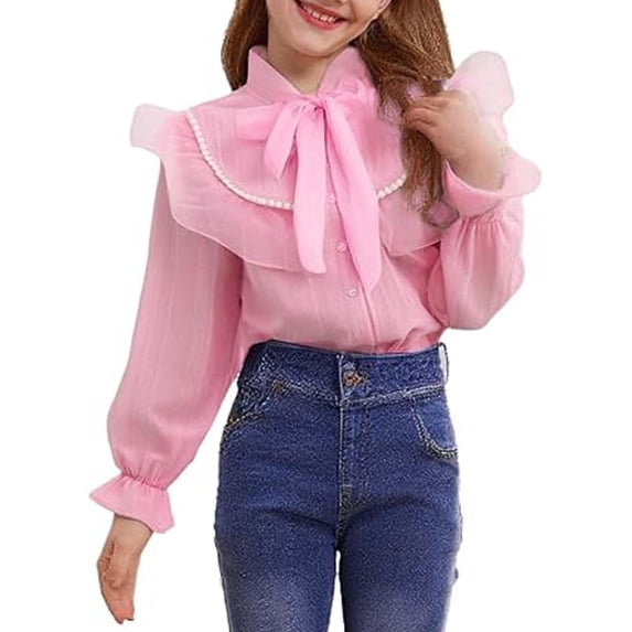 Mercatoo Teen Girls Cotton Long Sleeve Tops Kids Princess Button Down Shirt Tween Bow Tie Pearl Trim Ruffl1 Collar Blouse Cute Clothes