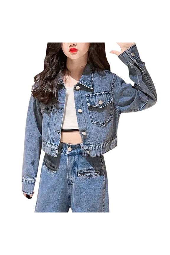 Teen Girls Crop Denim Jacket Solid Lapel Button Down Long Sleeve Outwear Windproof Casual Coat with Pockets