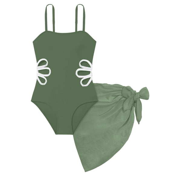 Mercatoo Teen Girls Cut Out Swimsuit Set Kids 2 Piece Solid Color Tumm1 Contro1 Swimwear Cute Beach Cover Up Skirt Bathing Suits