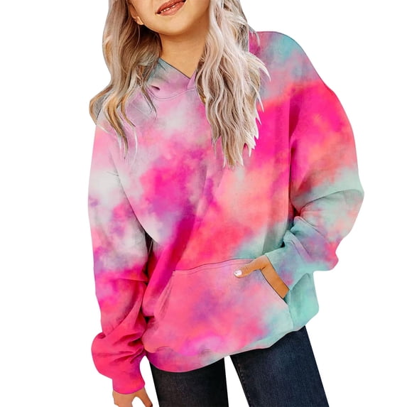 Mercatoo Teen Girls Cute Tie Dye Hoodies Fleece Warm Oversized Pullover Sweatshirts Kids Gradient Color Cotton Hoodie Clothes