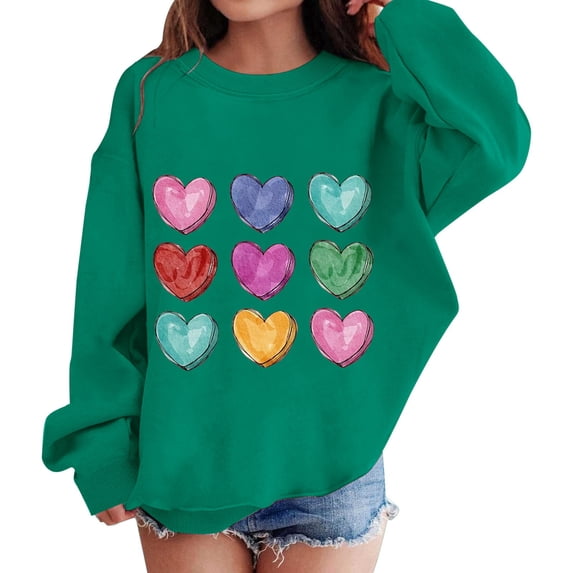 Mercatoo Teen Girls Oversized Sweatshirt Heart Valentines Day Pullovers Cotton Crewneck Sweatshirt Spring Autumn Tops Clothes