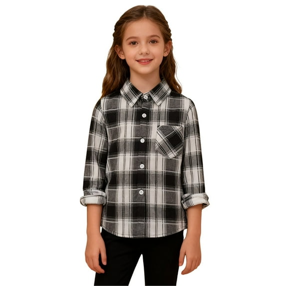 Mercatoo Teen Girls Plaid Flannel Shirt Kids Oversized Long Sleeve Button Down Tops Fall Blouse Thermal Shacket Spring Collared Jacket