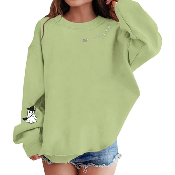 Mercatoo Teen Girls Pullover Sweatshirts Halloween Gho𝐬t Graphic Long Sleeve Crew Neck Tops Clothes Kids Cotton Warm Fall Outfits