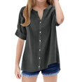 thumbnail image 1 of Mercatoo Teen Girls Short Sleeve Cotton Linen Tunic Blouses V-Neck Roll Up Button Down Shirt for Girls Trendy Top Summer Blouses, 1 of 4
