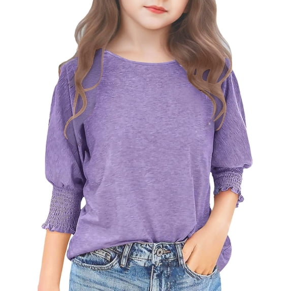 Mercatoo Teen Girls Summer Cotton T-Shirt 3/4 Sleeve Crewneck Tee for Kids Girls Smocked Cuffs Blouse Trendy 𝗗ressy Casual Top