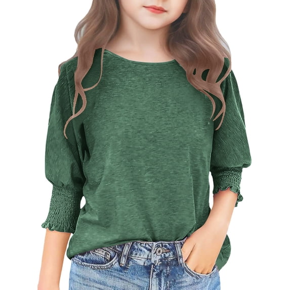 Mercatoo Teen Girls Summer Cotton T-Shirt 3/4 Sleeve Crewneck Tee for Kids Girls Smocked Cuffs Blouse Trendy 𝗗ressy Casual Top