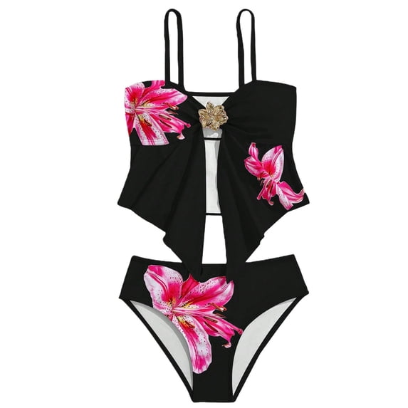 Mercatoo Teen Girls Swimsuits 2 Piece Bathing Suit Cute Flower Print Spaghetti Strap Triang1e Bikini Set Tween Cute Soft Swimwear