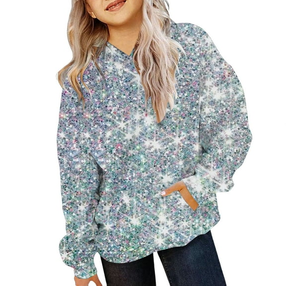 Mercatoo Teen Girls 𝐒parkle Hoodies Cute Sequins Cotton Glitter Pullover Sweatshirts with Pockets Kids Oversized Soft Clothes