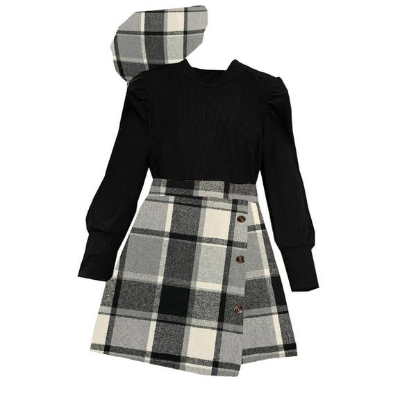Mercatoo Teens Girls Skirt Set Long Sleeve Knitted Ribbed Shirt Tops Plaid Skirt Beret 3Pcs Outfit Kid Fall Winter Clothes
