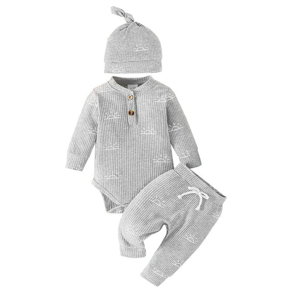 Mercatoo Toddler Baby Autumn Winter Outfit Ribbed Long Sleeve Sun Print Button Romper and Pant Hat 3Pcs Clothes Set