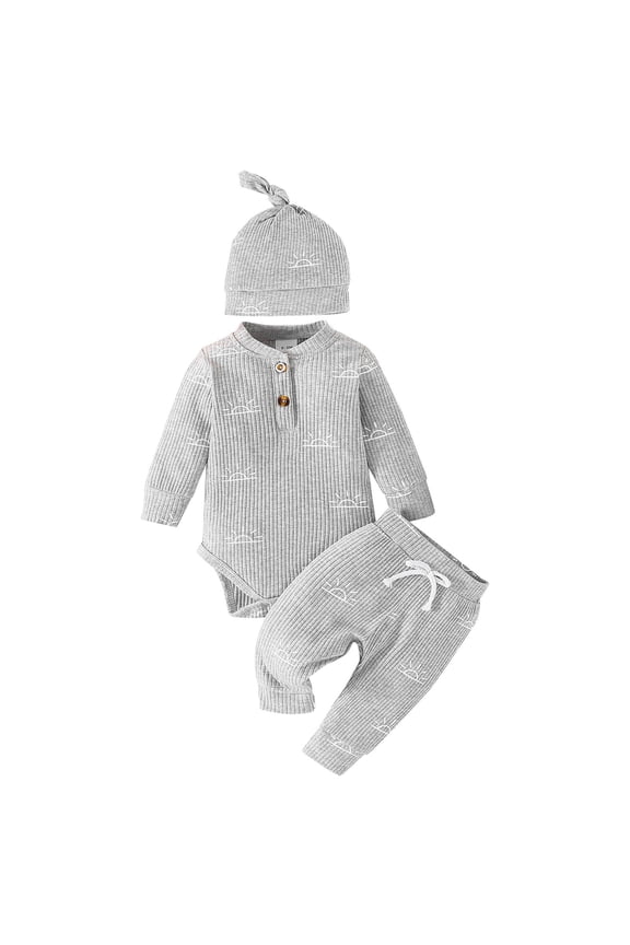 Toddler Baby Autumn Winter Outfit Ribbed Long Sleeve Sun Print Button Romper and Pant Hat 3Pcs Clothes Set