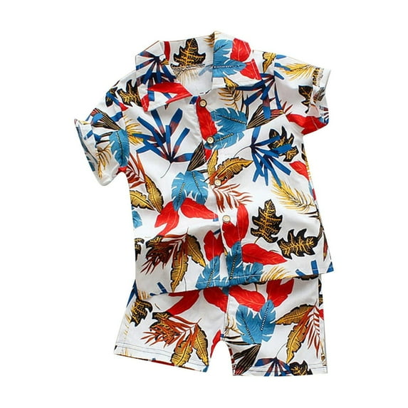 Mercatoo Toddler Baby Boy Shorts Set 𝐇awaiian Outfits Short Sleeve Leaf Floral Flower Shirt Shorts Set Summer Clothes Suit