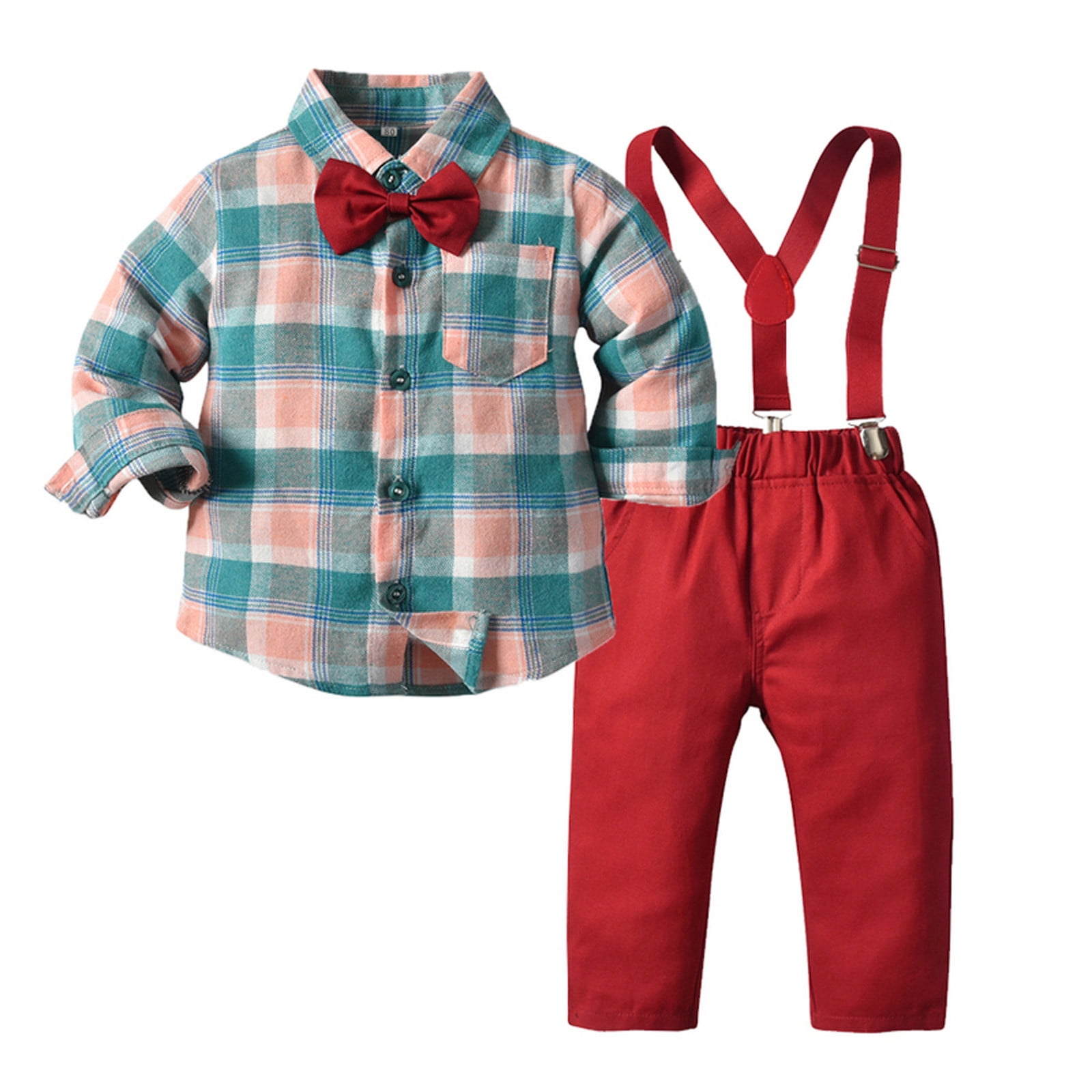 Mercatoo Toddler Baby Boys Gentleman Suit Long Sleeve Plaid Shirt Tops Overalls Pants with Bow Tie Kids Fall Winter Outfit