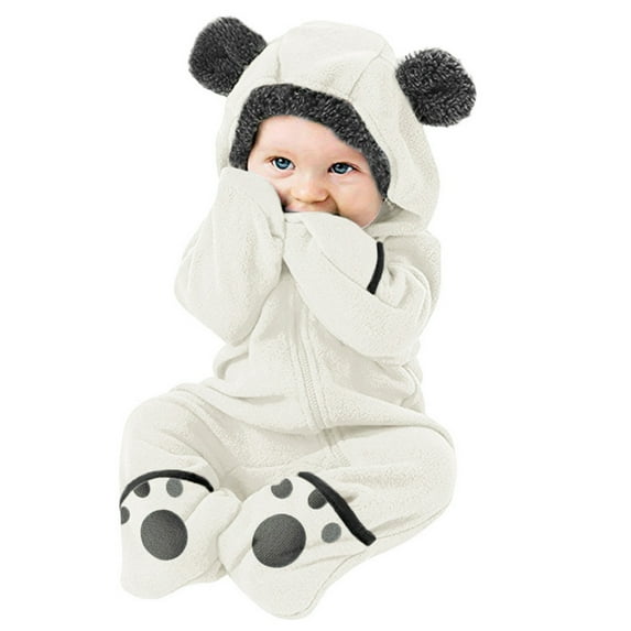 Mercatoo Toddler Baby Fleec𝐞 Footed Jumpsuit Hooded Pramsuit Winter Snowsuit for Baby Boys Girls Bear Romper Outerwear