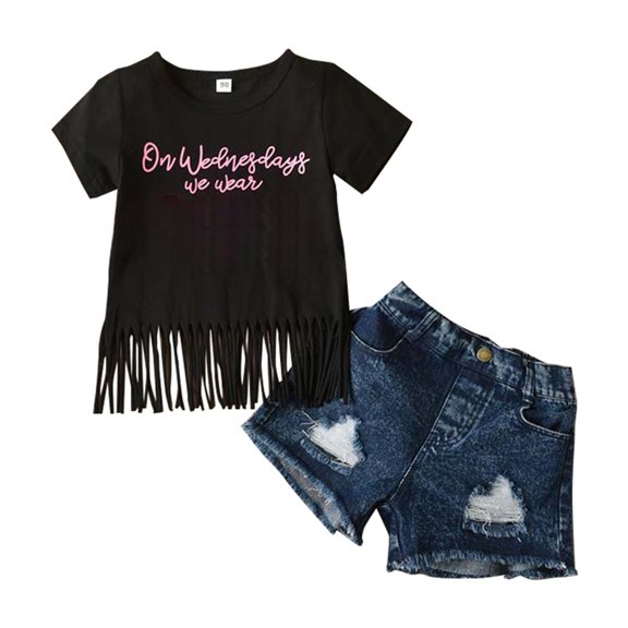 Mercatoo Toddler Baby Girl Boy Outfit Fringe Tank T Shirt Top+Ripped Jeans 2Pcs Set Young Girls Summer Outdoor Clothes