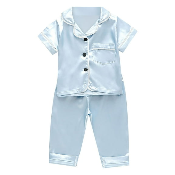 Mercatoo Toddler Baby Girl Boy Satin 𝐏ajamas Set Solid Color Short Sleeve Button Shirts Pants 𝐒ilk 𝐏js 𝐍ightwear Loung𝐞wear