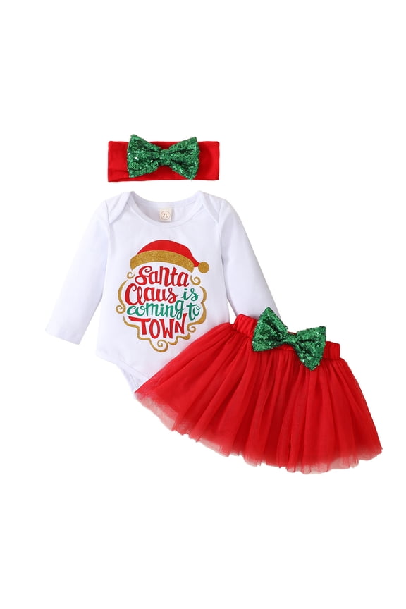 Toddler Baby Girl Christmas Outfit Long Sleeve Letter Print Romper and Tulle Tutu Dress Headband 3Pcs Set