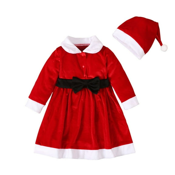 Mercatoo Toddler Baby Girl Christmas Outfit Xmas Dress Long Sleeve Velvet Dresses 𝐅𝐮𝐫 Santa 𝐂𝐥aus Hat 2Pcs Set