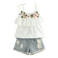 thumbnail image 1 of Mercatoo Toddler Baby Girl Clothes Floral Ruffle Sleeveless Suspender Vest Tops Ripped Denim Shorts Jeans 2Pc Summer Outfit, 1 of 8