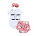 thumbnail image 1 of Mercatoo Toddler Baby Girl Clothes Set Short Sleeve Letter Romper Tops and Toddler Girls Cartoon Print Shorts Headband 3Pcs, 1 of 9