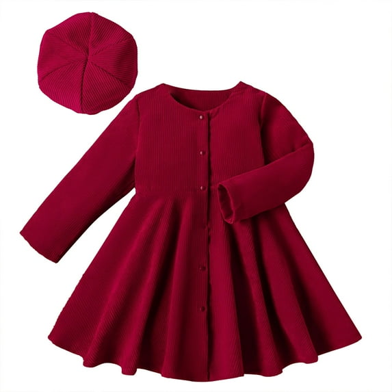 Mercatoo Toddler Baby Girl Cotton Linen Dress Long Sleeve Crew Neck Button Down Dresses Girls Casual Ribbed Dress with Hat