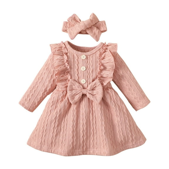 Mercatoo Toddler Baby Girl Dress Outfits 𝐑uffle Knit Bow Solid Long Sleeve Dress Casual Spring Fall 𝐕intage Skirt with Headband