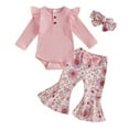 thumbnail image 1 of Mercatoo Toddler Baby Girl Fall Winter Outfits Rib Frill Long Sleeve Romper Floral Flared Pants Headband Set 3pcs Clothes, 1 of 5