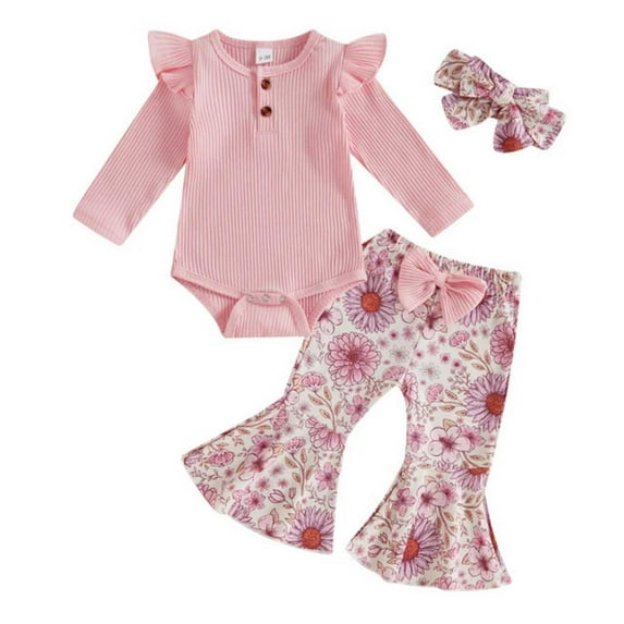 Mercatoo Toddler Baby Girl Fall Winter Outfits Rib Frill Long Sleeve Romper Floral Flared Pants Headband Set 3pcs Clothes